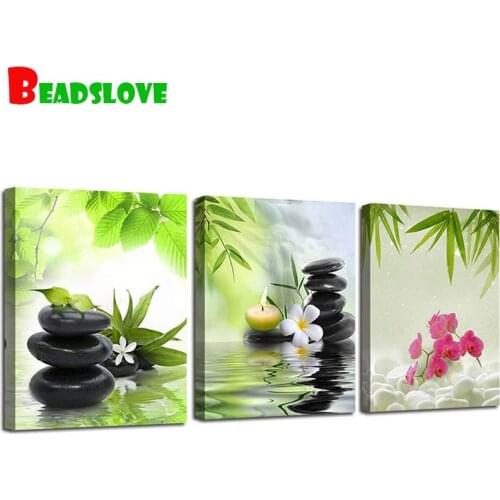 Three pieces Full round diamond painting bamboo stone flowers diamond painting cross stitch kit room decoration gift