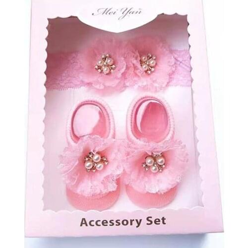 2 Pcs/Set Baby Girl Headband Socks Set Princess Lace Flower Newborn Elastic Hairband For Girls Baby Shower Hair Accessories Set
