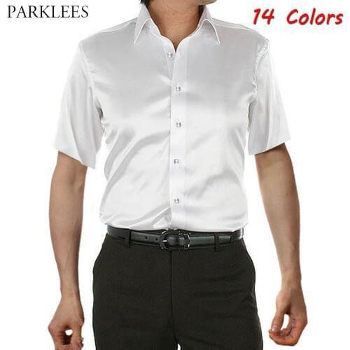 Solid Silk Satin Mens White Shirts Casual Slim Fit Men Dress Shirt Soft Comfortable Smooth Men Short Sleeve Shirt Chemise Homme