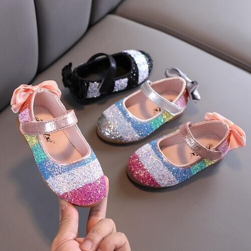 2021 autumn girls shoes striped glitter girl dance shoes kids baby flat shoes rainbow bow childrens shoes