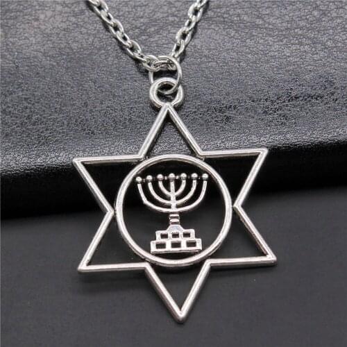 Simple Antique Silver Color 39x32mm Judaism Menorah Star Of David Charms Pendant Necklace Short Chain Necklace