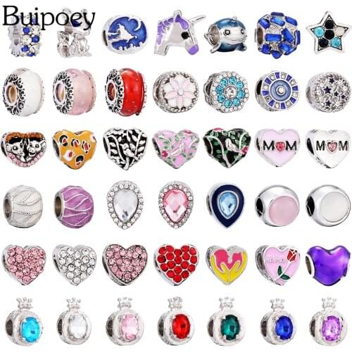 Buipoey 1pcs Cartoon Heart-shaped MOM Beaded Charm Fit Silver Color Bracelets Crystal Crown Letters O Star Beads Accessories
