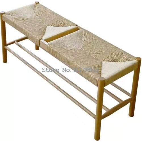 Nordic simple solid wood restaurant bench oak bar stool woven rope Japanese household shoe changing stool bed end stool fitting