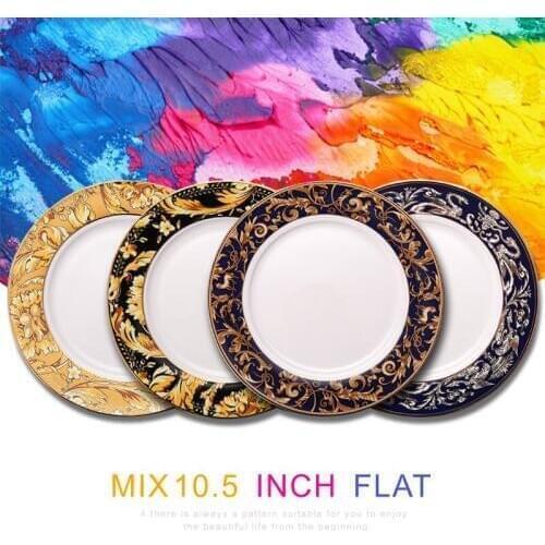 Bone China Plate Dinner Dish Food Tray Gold Edge Floral Western Food Steak Flat Plate Banquet Delicate Dinner Tray For Gift 1pcs