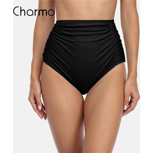 Charmo Womens High Waisted Bikini Bottoms Quick Dry Swimsuit Bottoms Stretch Tankini Bottom Solid Color