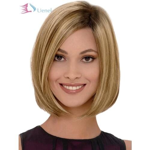 Uenel Blonde Bob Wigs for Women - Short Straight Hair Wig Natural Looking Synthetic Fashion Wigs with Wig Cap Blonde Mix Color