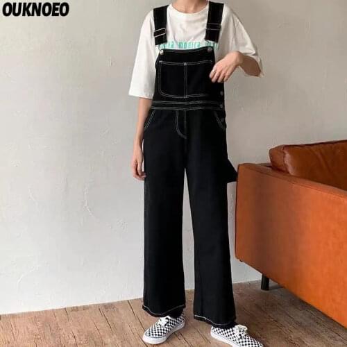 Women Denim Jumpsuits Adjustable Design Korean Student Style Pure Black White Straps Pants Spring Autumn Woman Denim Overalls
