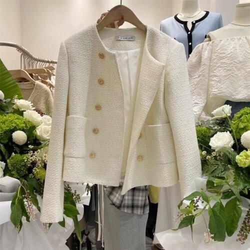 Vintage Small Fragrance Style Double-breasted Tweed Womens Jacket Coat Elegant OL Cropped Woolen Coats Outwear Mujer Chaqueta