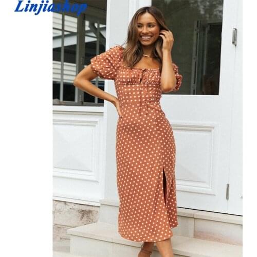 Polka Dot Long Dress Women Summer Puff Sleeve Boho Maxi Dress Lace Up Side Slit Brown Beach Dress 2021 Vintage Dress