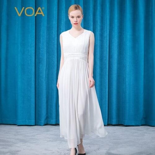 VOA Silk 2021 Summer Fashion Vestido Feminino Maxi Dresses for Women AE792 V-Neck Sleeveless A-Line Elegant White Dress