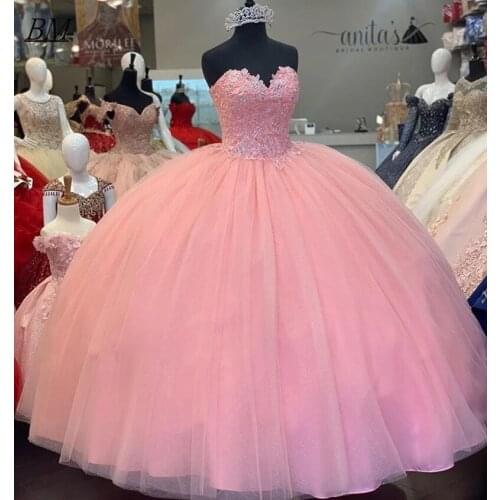 2021 Pink High Quality Ball Gown Quinceanera Dress Appliques Sequins Beads Corset Princess Sweet 16 Prom Party Gowns BM693