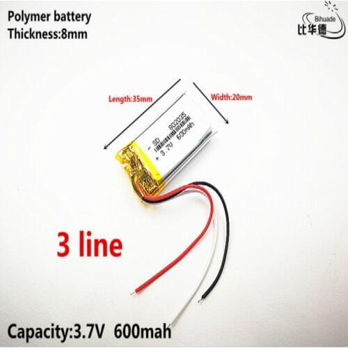 3 line Liter energy battery Good Qulity 3.7V,600mAH,802035 Polymer lithium ion / Li-ion battery for TOY,POWER BANK,GPS,mp3,mp4