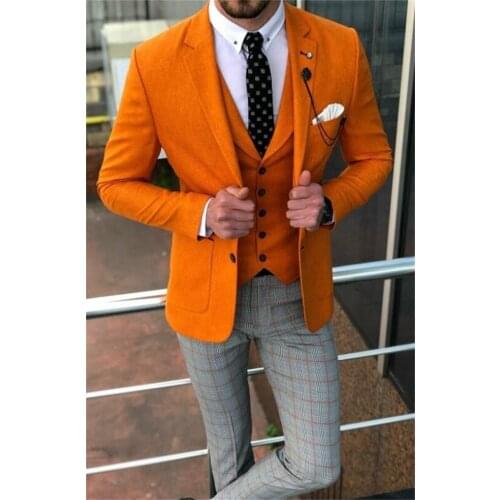 3 Pieces Orange Men Suits Modern Plaid Pant Customize Handsome Wedding Suits Single Breasted Formal Business Coat+Pant+Vest