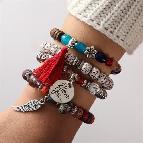 4pcs/set Ethnic Wooden Beads Elastic Palm Tassel Charm Stone Metal Beaded Strand Bracelets Bangle Boho Jewelry