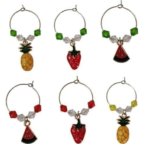 6Pcs Fruit Series Party Glass Pendant Charm Wine Glass Markers Cup Ring Decorations Kitchen Table Decorative Accessories