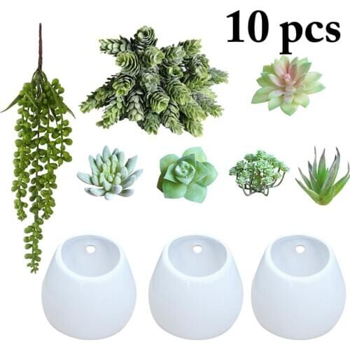 7Pcs Lifelike Artificial Plants Succulent Plants With 3Psc White Ceramic Flower Pots Gardening Vases Home Decor Accessories