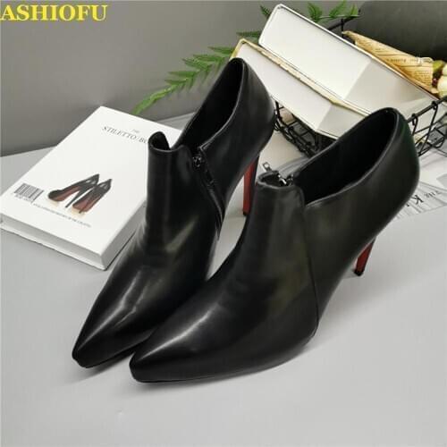 ASHIOFU Handmade Ladies Stiletto Boots Real-photos Party Prom Dress Ankle Boots Side-zipper Evening Fashion Short Boots Shoes