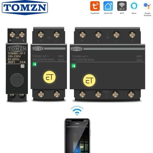 Din Rail WIFI Circuit Breaker Smart Switch Remote Control by Smart Life TUYA for Smart Home MCB TOMZN Mini TOWBC-4P-T