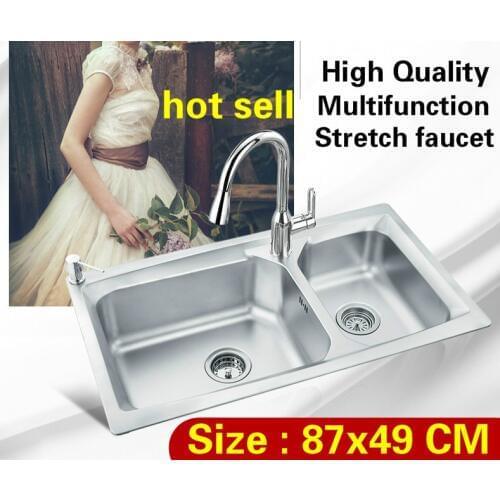 Free shipping Home stretch faucet wash vegetables kitchen double groove sink 304 stainless steel luxury big hot sell 870x490 MM