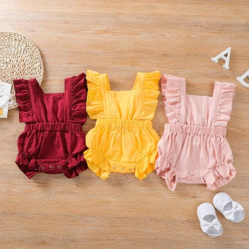 Newborn Baby Romper Girls Summer Kids Solid Ruffles Fly Sleeve Bodysuit Backless Playsuits 0-24 Months Infant Kids Playsuits