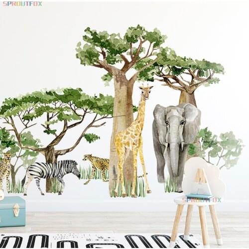 Large Animal Elephant Giraffe Zebra Leopard Wall Stickers for Kid Rooms Baby Boys Bedroom Big Tree Green Forest Animals Decal