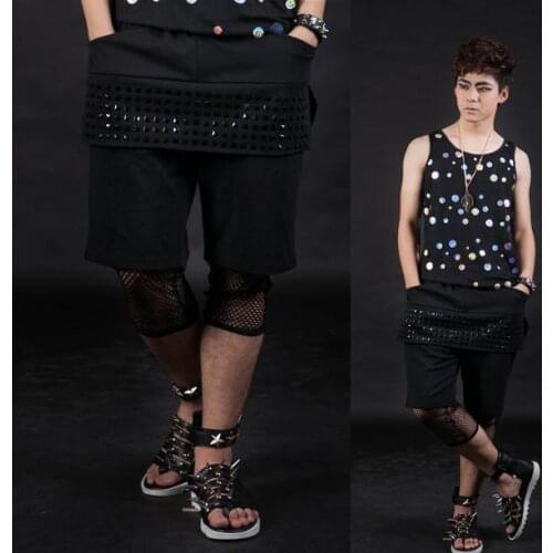 Black loose Show Clothes street Rivets stitching mens short pants men hot pants mens baggy pants cargo casual trousers