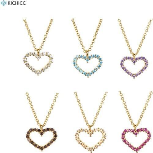 Kikichicc New 925 Sterling Silver Seven Zircom Pave Colorful Heart Pendant Necklace Long Chain Women Fashion Fine Jewelry