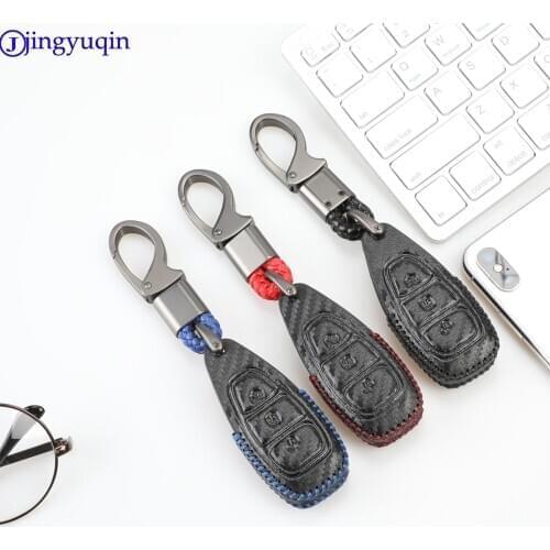 Jingyuqin Carbon Leather Car Key Case Cover for Ford Fiesta Focus Mondeo Ecosport Kuga Focus Procted Smart Key