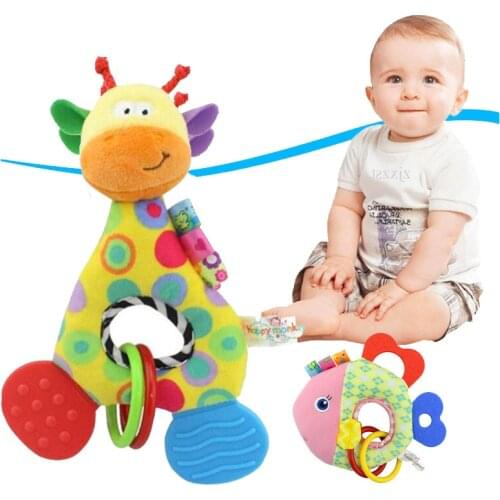 Baby Cartoon Animal Giraffe Fish Handle Rattles Soft Plush Safety Teether Toys Teeth Care Doll For Kid