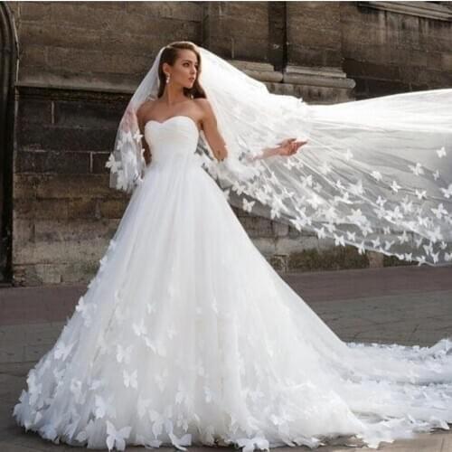 Wedding Veil Long Lace Edge 3D Butterfly Floral Applique Face-Covered Cathedral Bridal Veil With Comb velo de novia White Ivory