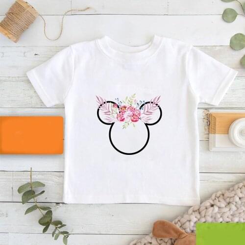 Harajuku Cartoon Cute Funny Mickey Mouse Head Flower Print T-shirt Children Summer Tops Streetwear Sweet Girls Kids Tee Shirt