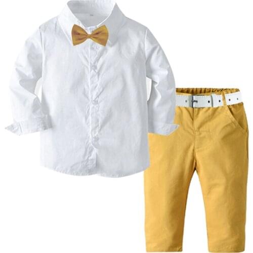 Boy Set Toddler Clothing 2021 Autumn Long Sleeve Kids White Shirt Bow + Yellow Pants +White Belt 4 Pieces Children Outfits Suit