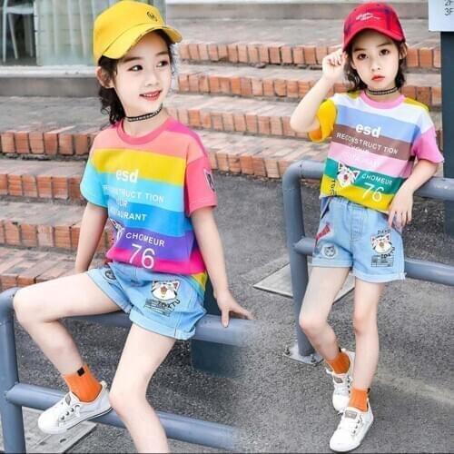 Girls clothing sets kids summer cotton t shirt+hot pants 2pcs/set outwear baby girls cartoon Tees+trousers teenage clothes pants