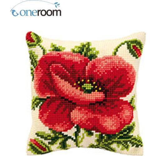 Red flowersDIY Unfinished Acrylic Yarn Embroidery Pillow Tapestry Canvas Cushion Front Cross Stitch Pillowcase