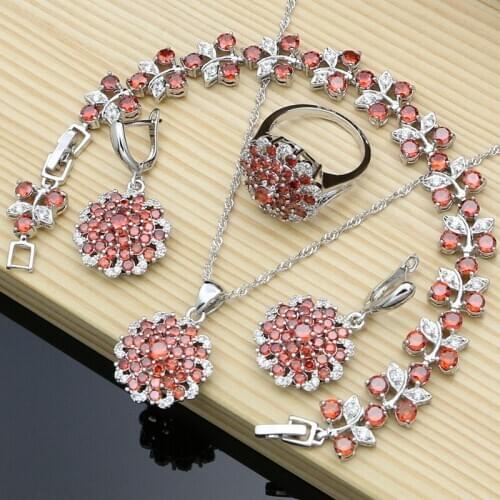 Red Cubic Zirconia Bridal Flower Jewelry Sets for Women 925 SilverWedding Stone Earrings with Stone Necklace Set Dropshipping