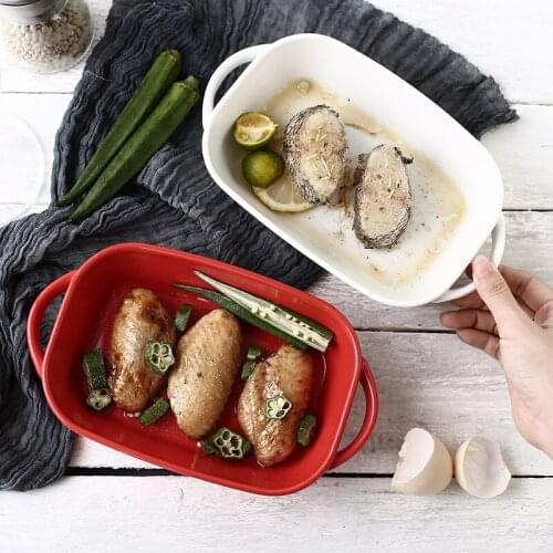 Fashion red white Ceramic double ear baking plate rice bowl Ceramic tableware bread baking plate ceramica dinner plates