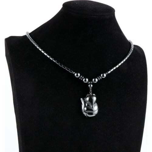 Unisex Men Women Natural Black Hematite Stone Beads Cute Animal Fox Pendant Necklace 2020 New Fashion Energy Healing Jewelry