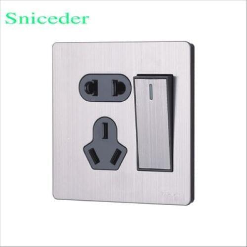 86 type wall switch stainless steel wire drawing 5 poles 10A 2 pin and 3 pin socket with wall switch 1 gang 1 way