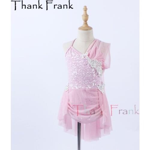 New Pink Sequin Latin Dress Girls Women Mesh Lyrical Dance Costumes Adult One Sleeve Modern Dresses Kids Dancing Bodysuit C681