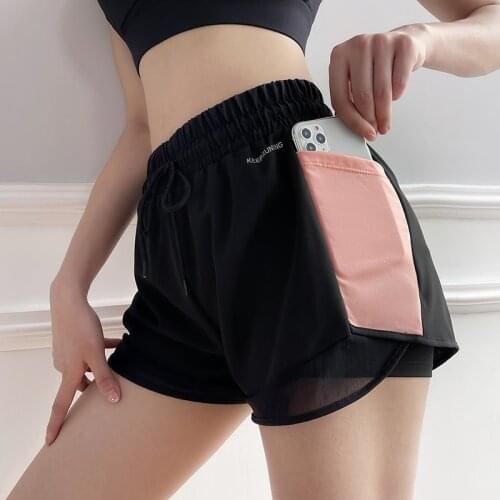 New Women Sports Running Shorts 2 in 1 Gym Yoga Shorts Side Pocket High-waist Quick Dry Fitness Training Workout Jogging Shorts