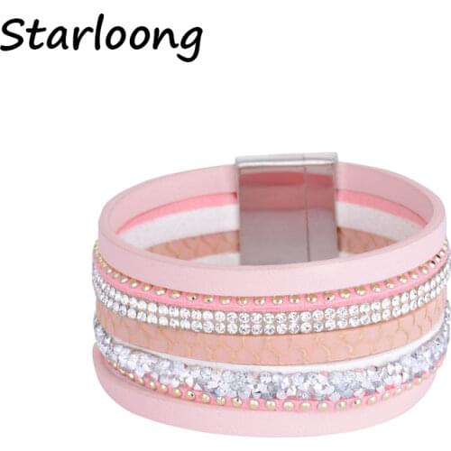 New fashion many colors multi-layer PU leather bracelet rhinestone beads magnetic clasp women wrap Masculina bijoux Bracelet
