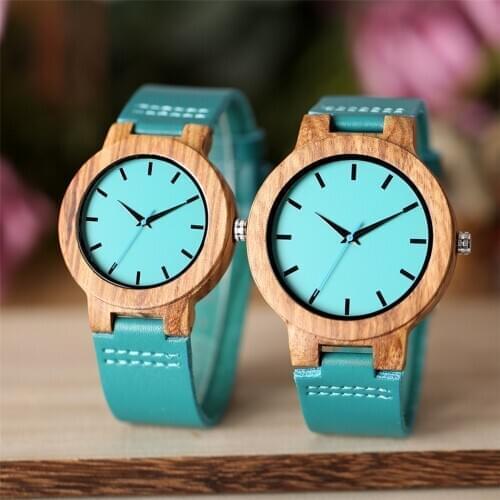Couple Wood Watches Quartz Wristwatch Stylish Blue Genuine Leather Watchband Minimalist Zebrawood Lovers Watch