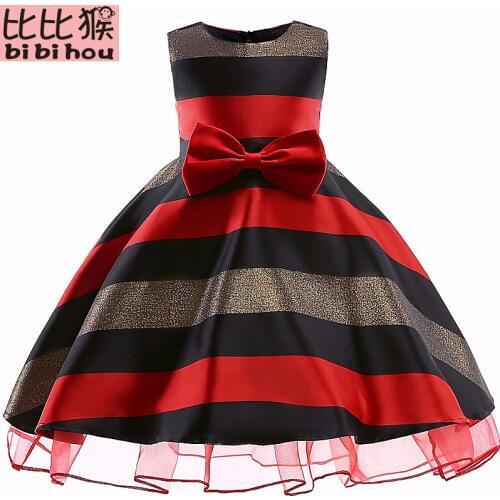 Red stripes sleeveless Girs dress big bow girls princess dress kids dresses for girls informal dresses tulle girl party dress