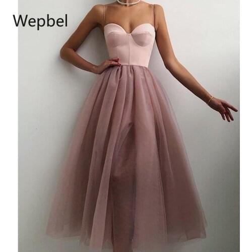 Wepbel Big Swing Dresses A-line Low Cut Sexy Straps Tulle Dress Women High Waist Slim Fits Elegant Sleeveless Party Dinner Dress