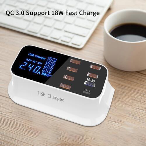 Portable Multi USB Charger Desktop Quick Charge 3.0 USB Charger Station Dock LED Display Smart USB Type C 8 Ports Charger Hub