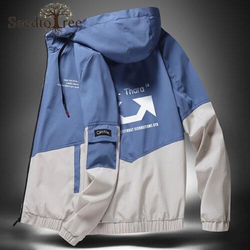Spring and Autumn Mens Jacket Casual Color Block Large Size Hooded Jacket
