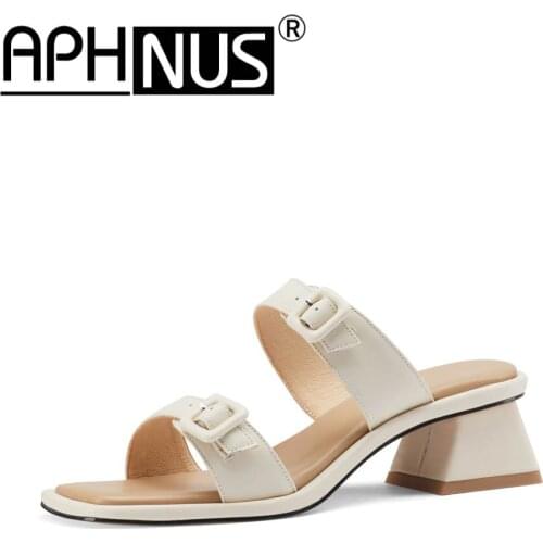 APHNUS Womens Sandals Gladiator Belt Buckle Cow Leather Low Mid Heels Pumps Woman 2021 Shoes For Women New