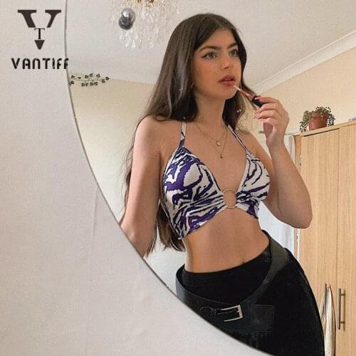 Fashion Sexy Crop Tank Tops Women Clothing 2021 Summer Irregular Blue Printing Ring Tie Neck Corset Vest for Female Streetwear