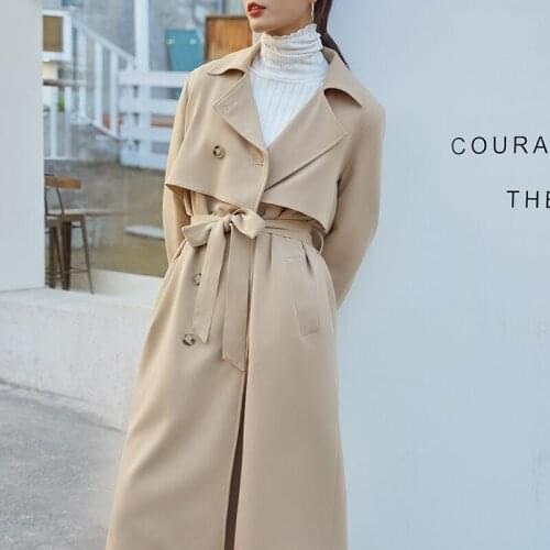 2020 New spring autumn soft material female lace-up midi long trench coats khaki double breasted outerwear for office ladies