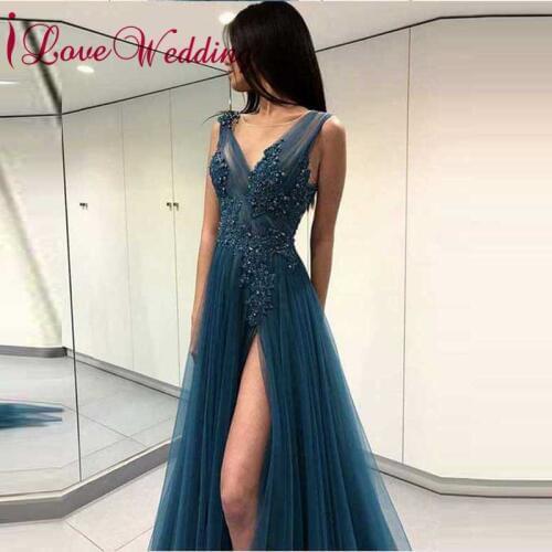 Evening Dresses Long Sexy V Neck Lace Applique Beaded Custom made A Line Open Back Evening Dress Abiye Gece Elbisesi